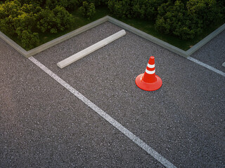 Asphalt floor parking lot and red traffic cone. Aerial view 3d rendering of car park.
