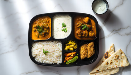 Professional top down image of Indian lunchbox on marble counter