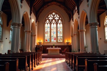 Obraz premium Serene interior of a traditional church, showcasing stained glass and altar , christianity, church