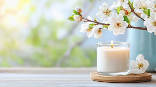 Elegant candle placed next to a beautiful flower creating a serene atmosphere for relaxation and peaceful ambiance