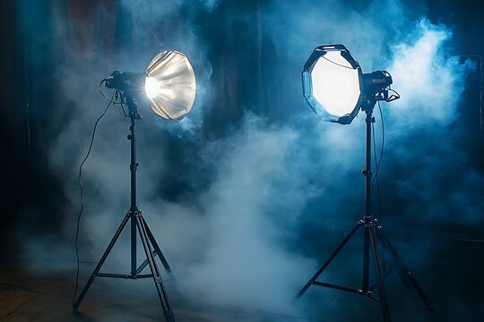 Professional photography studio lit with two powerful studio lights and dramatic atmospheric smoke
