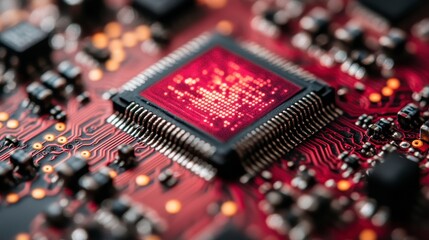 Intricate red circuit board with central chip, showcasing complex electronic components