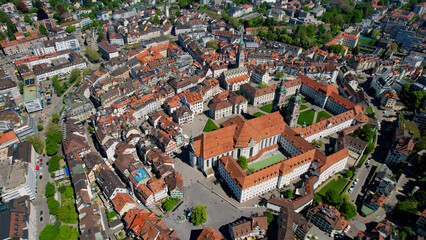 An Panoramic aerial of the old town of the city and Monastery in St Gallen in Switzerland on a sunny day in summer