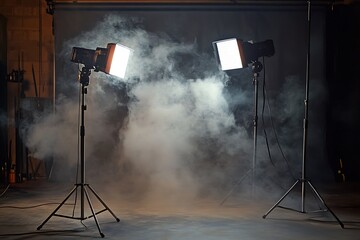 Obraz premium Professional studio lighting equipment illuminating atmospheric smoke in a darkened photography backdrop
