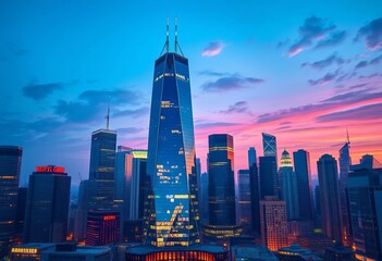 Naklejka premium Glass skyscrapers pierce a vibrant city skyline, symbolizing urban ambition and financial power, aerial view, ambition