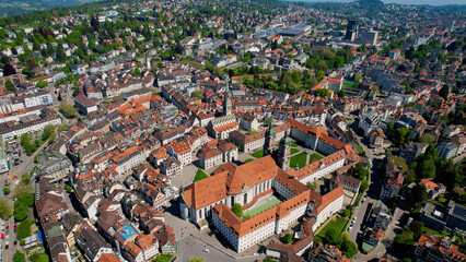 An Panorama aerial of the old town of the city and Monastery in St Gallen in Switzerland on a sunny day in summer