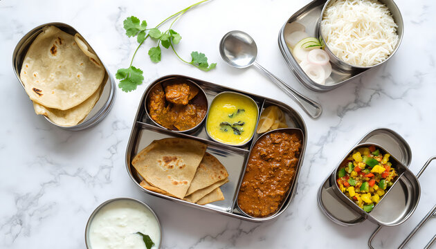Professional top down image of Indian lunchbox on marble counter