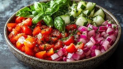 Colorful fresh salad with tomatoes, basil, cucumbers, and onions in a bowl