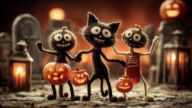 Cute Halloween characters dancing with jack-o'-lanterns in spooky graveyard. Whimsical and festive Halloween concept.