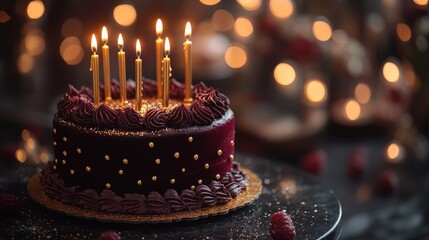 Velvet Darkness and Sparkle - A deep burgundy and black theme, a velvety cake with golden candles, shimmering bokeh reflections, and soft light flares for a luxurious birthday vibe.