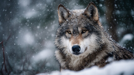 Obraz premium Gray wolf portrait in winter snow wildlife animal canine predator looking at camera wild nature close up shot
