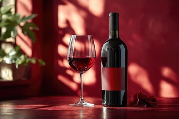 Red wine bottle and glass, sunlit room, plant