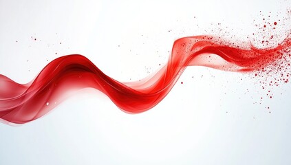 Dynamic red ribbon flowing on white background.  Abstract, fluid, and smooth red curves with dispersed particles