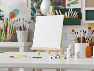 Colorful white easel and paint brushes set up in a bright and playful childrens playroom full of art supplies