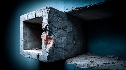 A damaged, textured construction element extends from a wall.