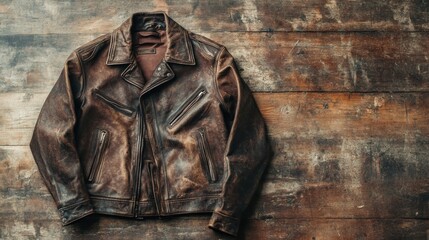 Fototapeta premium Vintage Brown Leather Jacket Displayed on Rustic Wooden Plank Surface