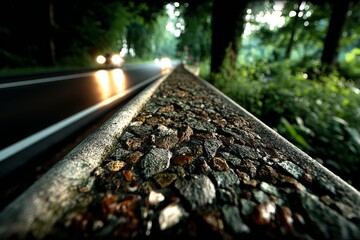 Close-up view of a textured concrete barrier along a winding road
