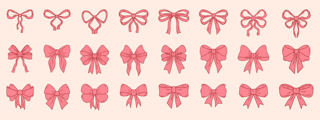 Big set of hand-drawn coquette bows with ribbons. Whimsical hair accessories and decorative elements for gifts, fashion, packaging, and design. Vector illustration.