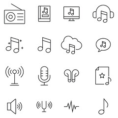 Set of Musical Notes. Guitar, play, music note, sound, headphones, mic. Audio thin line icons. Vector illustration.