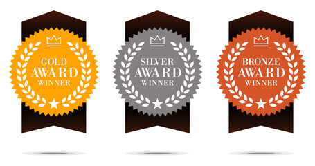 Award badges vector for gold, silver and bronze 
winner award medals logo, sticker label badge, 
modern elegant simple stylish icon set 
for business, sports & schools