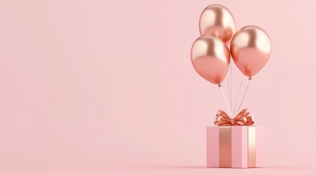 gift box with rose gold balloons floating out of it, against a pink background. - Powered by Adobe