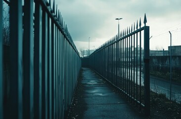 Dark, forbidding walkway between metal fences
