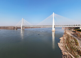 aerial Wuhan Tianxingzhou Yangtze River Bridge, wide angle 