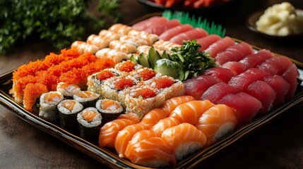 Sushi assortment with vibrant colors and various toppings on a platter presented on a wooden surface