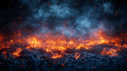 Fiery landscape with flames rising from dark ground, smoke and sparks in the air
