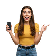 young woman with mobile phone pointing Backgroundless cutout in 4k