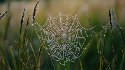 Glistening spiderweb adorned with dewdrops in a serene natural setting