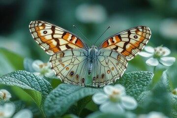 Fototapeta premium Resting butterfly in green leafy spring background