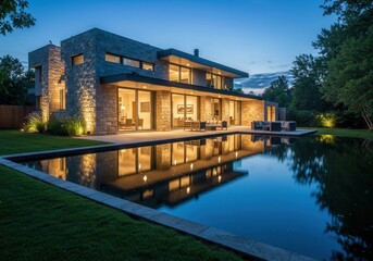 Fototapeta premium Modern Luxury Stone House Evening Poolside Design Architecture Home Villa Water Night Estate Elegant