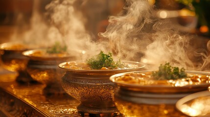 Steaming bowls of food are presented in ornate, golden bowls with garnishing