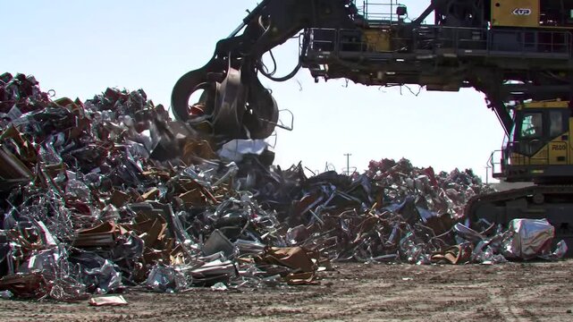 Excavator Moving Scrap Metal at Junkyard