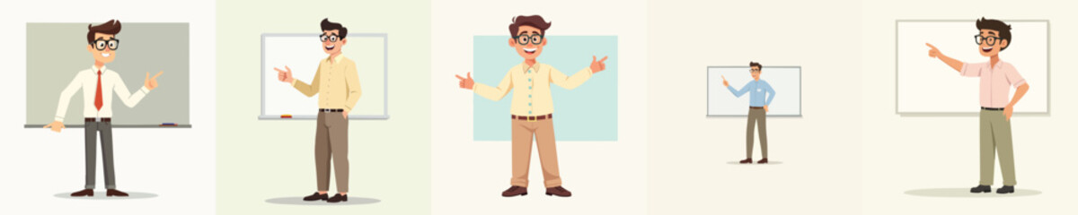 Professional Male Teacher Cartoon Illustrations Explaining in Classroom with Whiteboard – Flat Vector Education Concept