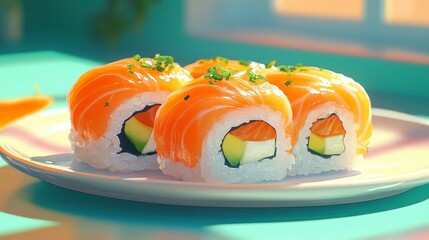 Sushi Rolls Fresh salmon rolls filled with rice and avocado on a plate