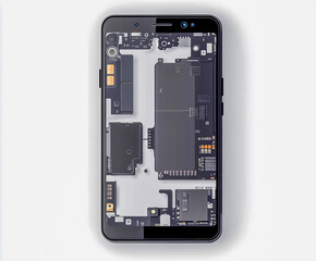 Smartphone disassembled showing internal components and circuitry on white background