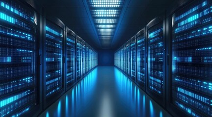 Obraz premium Symmetrical hallway of high-tech data center with blue glowing servers on both sides and illuminated ceiling lights, representing cloud computing and digital networks