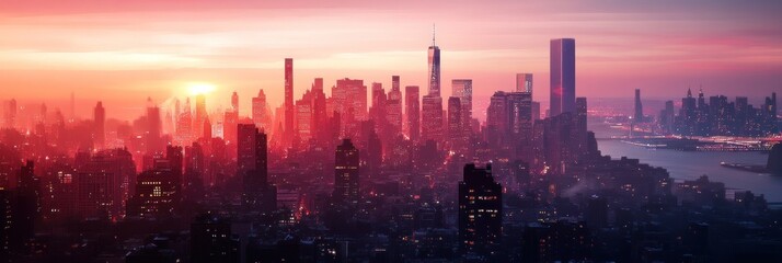 Crimson Panorama, A breathtaking cityscape bathed in the ethereal glow of twilight