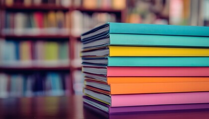 Colorful book stack in a library setting.