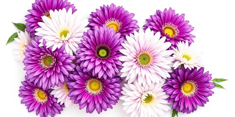 Elegant purple & white chrysanthemums arranged on pure white background ,  condolences,  close-up