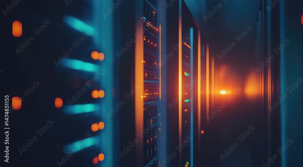 Aufkleber Close-up view of server racks glowing with blue and orange indicator lights, symbolizing real-time cloud processing, network data flow, and modern IT infrastructure