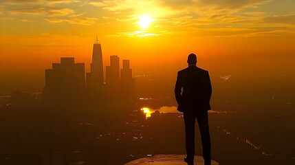 Fototapeta premium Silhouette of man overlooking city at sunset