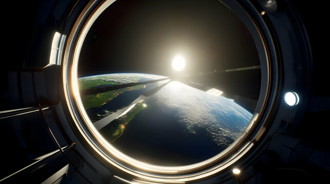 Fototapeta Earth orbits brightly seen through spacecraft window space view