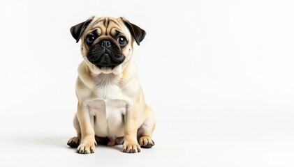 Adorable pug dog sitting, isolated on white background, isolated pug, pug face, face