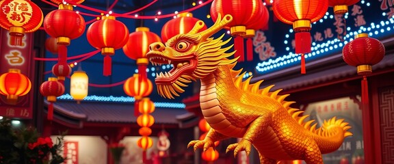 Fototapeta premium Golden dragon, red lanterns, vibrant decorations illuminate festive Chinese New Year scene Ample copy space, graphic, vibrant colors