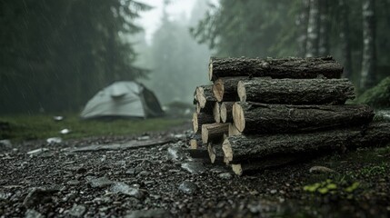 Obraz premium Stack of wooden logs on a rocky ground in a forest. the logs are stacked on top of each other and appear to be freshly cut.