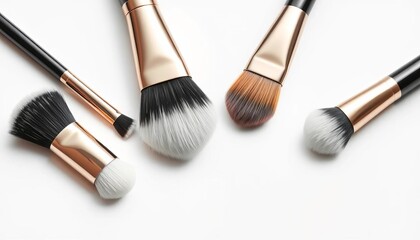 Five minimalist makeup brushes on white, soft light,  simple, beauty