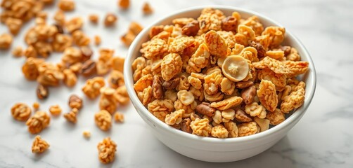 Golden granola clusters on white marble, healthy breakfast, diet, bowl